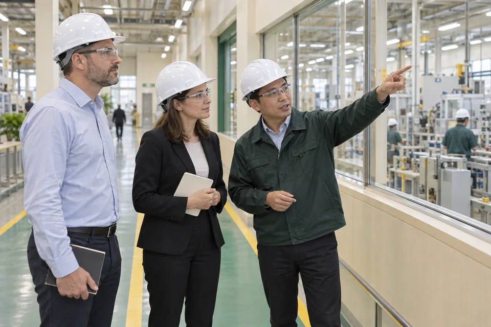 Buyers and a local coordinator on a factory visit, illustrative scene