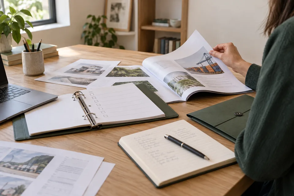 An open planning guide, notebook and reference documents on a desk