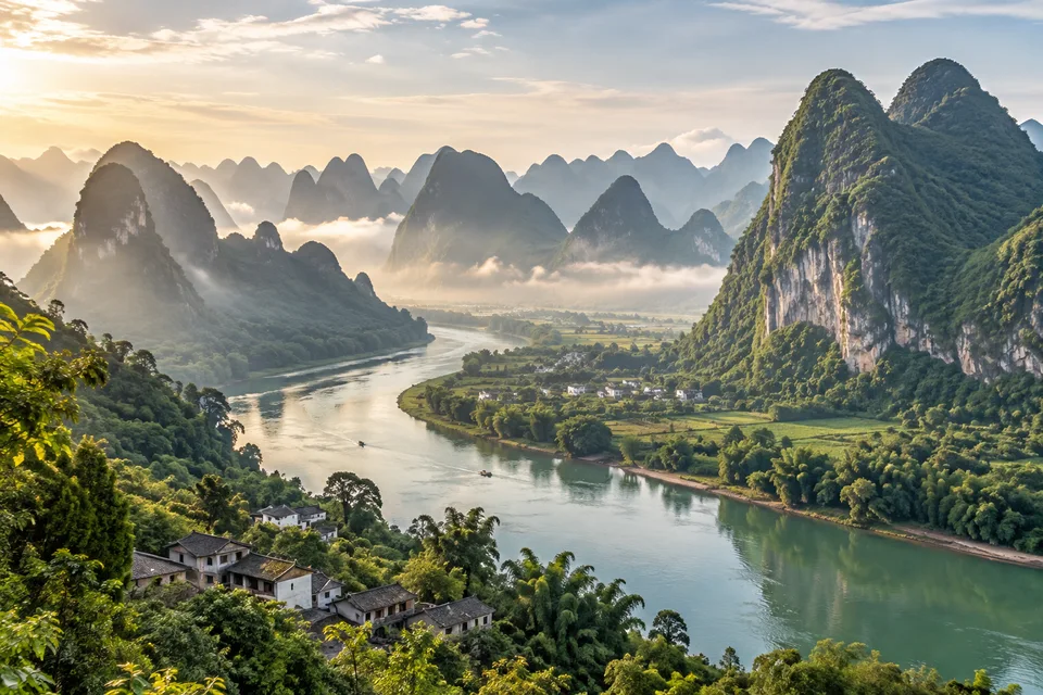 Green karst peaks and a winding river in a Guangxi landscape illustration