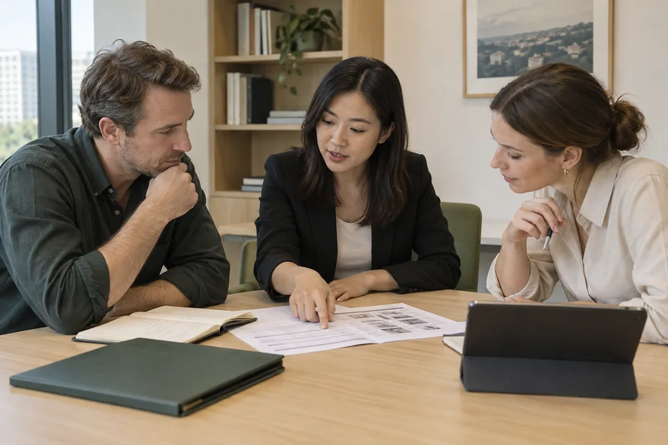 A local sourcing coordinator and overseas buyers reviewing project documents in an office